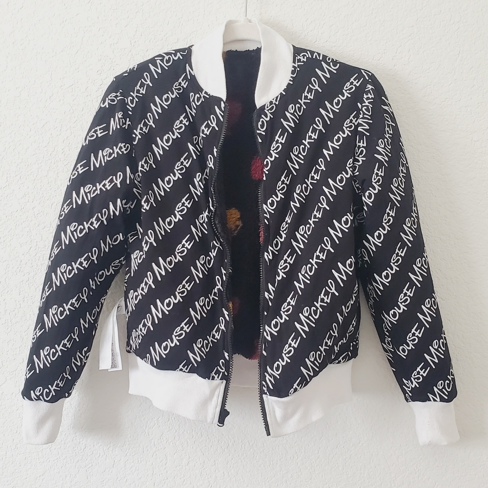 Disney Store Black Mickey Soft Teddy Fleece Zip Up Crop Bomber Sweater Jacket XS - Picture 13 of 15